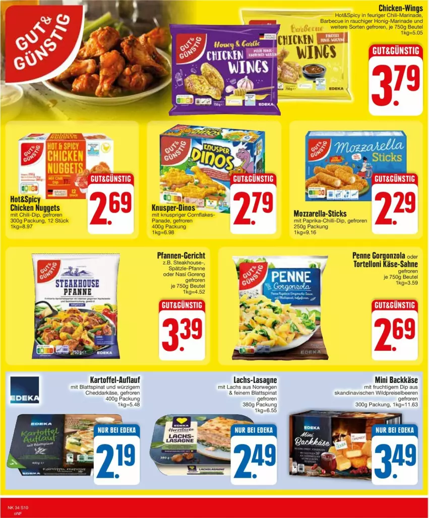 Aktueller Prospekt Edeka - Prospekte - von 19.08 bis 24.08.2024 - strona 10 - produkty: barbecue, beere, beeren, beutel, blattspinat, cheddar, chicken nuggets, chili, dip, eis, flakes, frucht, gorgonzola, honig, kartoffel, Käse, lachs, lasagne, marinade, mit frucht, mit paprika, mozzarella, nuggets, paprika, penne, pfanne, pfannen, Rauch, reis, rel, rwe, sahne, spinat, Ti, torte, tortelloni, Wild