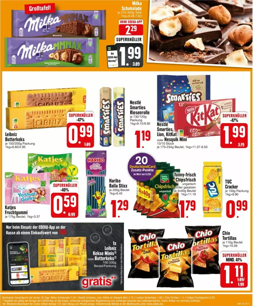 Aktueller Prospekt Edeka - Prospekte - von 19.08 bis 24.08.2024 - strona 11 - produkty: ball, beutel, butter, butterkeks, cracker, deka, deutschlandcard, frucht, fruchtgummi, haribo, katjes, keks, kekse, kitkat, leibniz, lion, nesquik, smarties, Ti, tortilla, tortillas, tuc