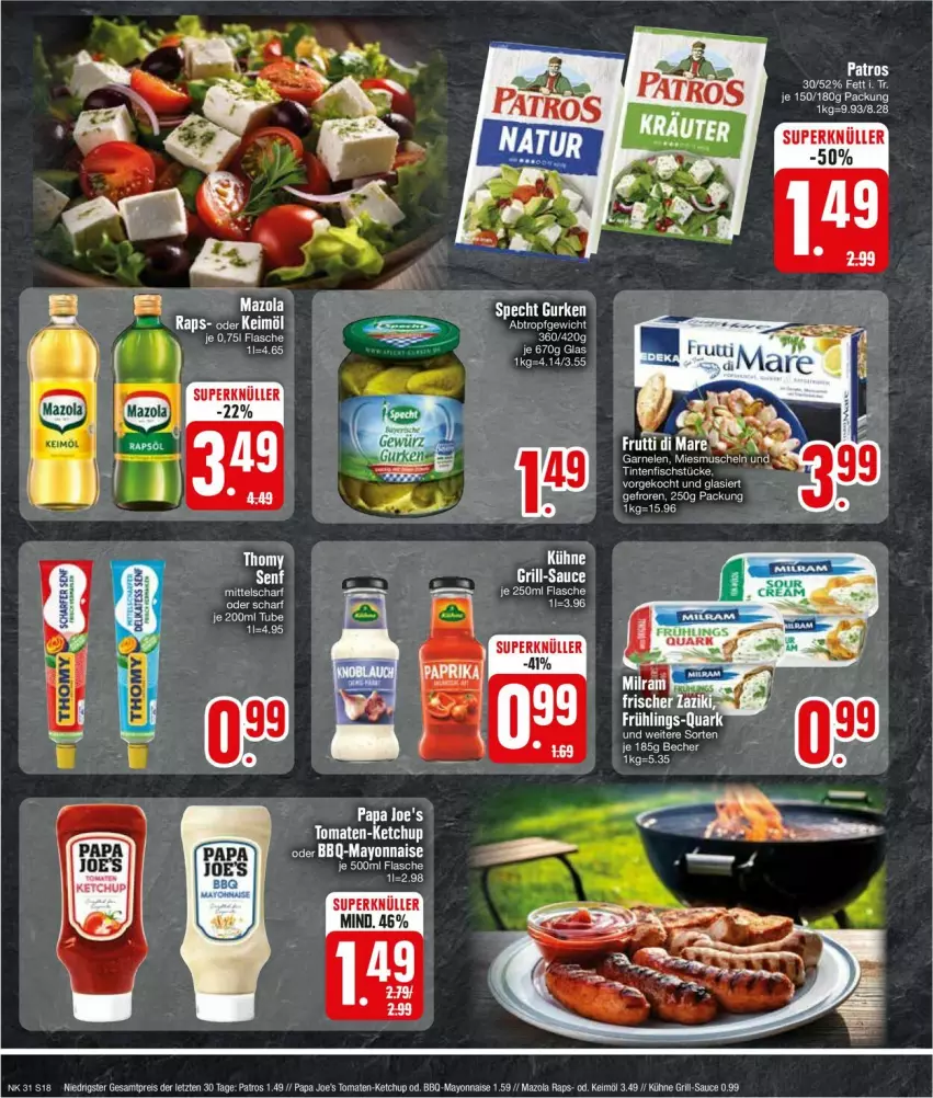 Aktueller Prospekt Edeka - Prospekte - von 19.08 bis 24.08.2024 - strona 18 - produkty: eis, fisch, flasche, grill, keimöl, ketchup, Kühne, kühne senf, mayonnaise, mazola, Papa Joe's, patros, quark, reis, sauce, senf, thomy, Ti, tomate, tomaten, Yo, ZTE