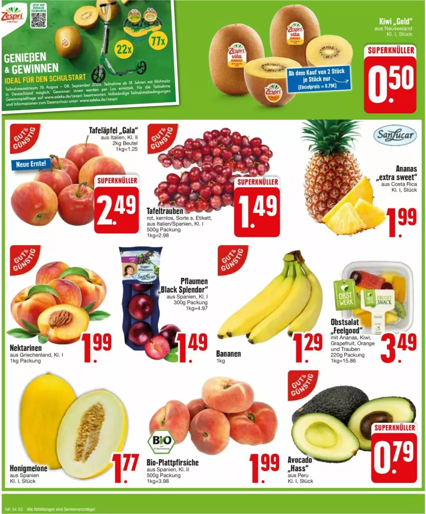 Aktueller Prospekt Edeka - Prospekte - von 19.08 bis 24.08.2024 - strona 2 - produkty: ananas, banane, bananen, beutel, bio, eis, grapefruit, honig, honigmelone, kiwi, lack, LG, melone, Nektar, nektarinen, obst, orange, pfirsich, pfirsiche, pflaume, pflaumen, plattpfirsiche, reis, salat, sanfucar, tafeläpfel, tafeltrauben, Ti, trauben