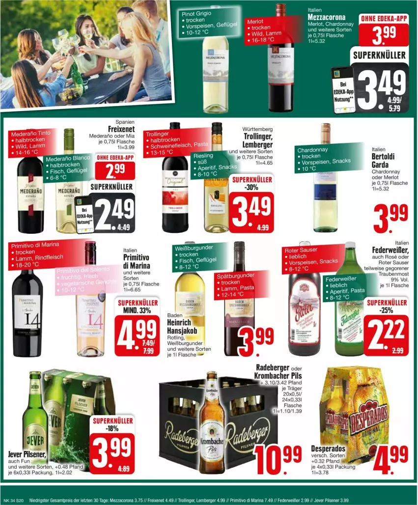 Aktueller Prospekt Edeka - Prospekte - von 19.08 bis 24.08.2024 - strona 20 - produkty: Bad, Berger, burgunder, chardonnay, desperados, eis, fisch, flasche, freixenet, jako, jever, jever pilsener, krombache, krombacher, krombacher pils, merl, merlot, pils, pilsener, primitivo, radeberger, rwe, Ti, trolli, trollinger, Weißburgunder