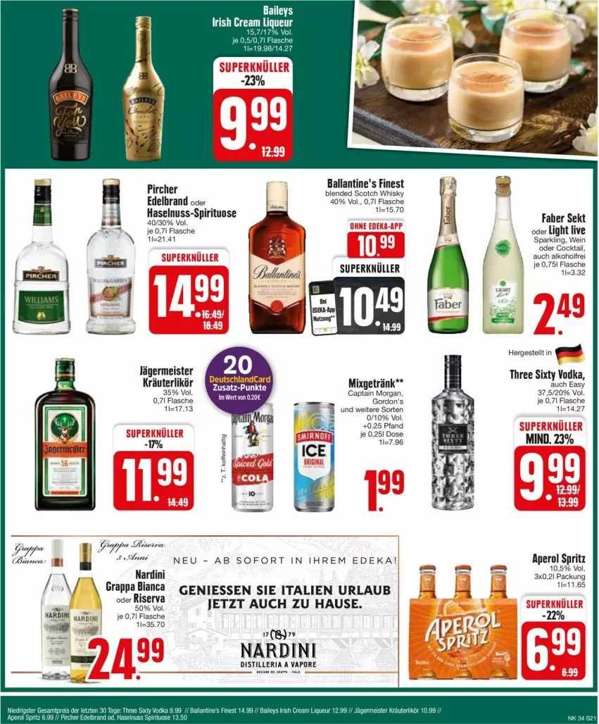 Aktueller Prospekt Edeka - Prospekte - von 19.08 bis 24.08.2024 - strona 21 - produkty: alkohol, aperol, ball, Ballantine's, blended scotch, blended scotch whisky, Cap, captain morgan, cocktail, deka, eis, flasche, Germ, getränk, gordon, gordon's, haselnuss, jägermeister, kräuter, kräuterlikör, likör, Meister, Mixgetränk, nuss, pircher, Popp, Ria, riserva, scotch, scotch whisky, sekt, Three Sixty, Ti, vodka, wein, whisky