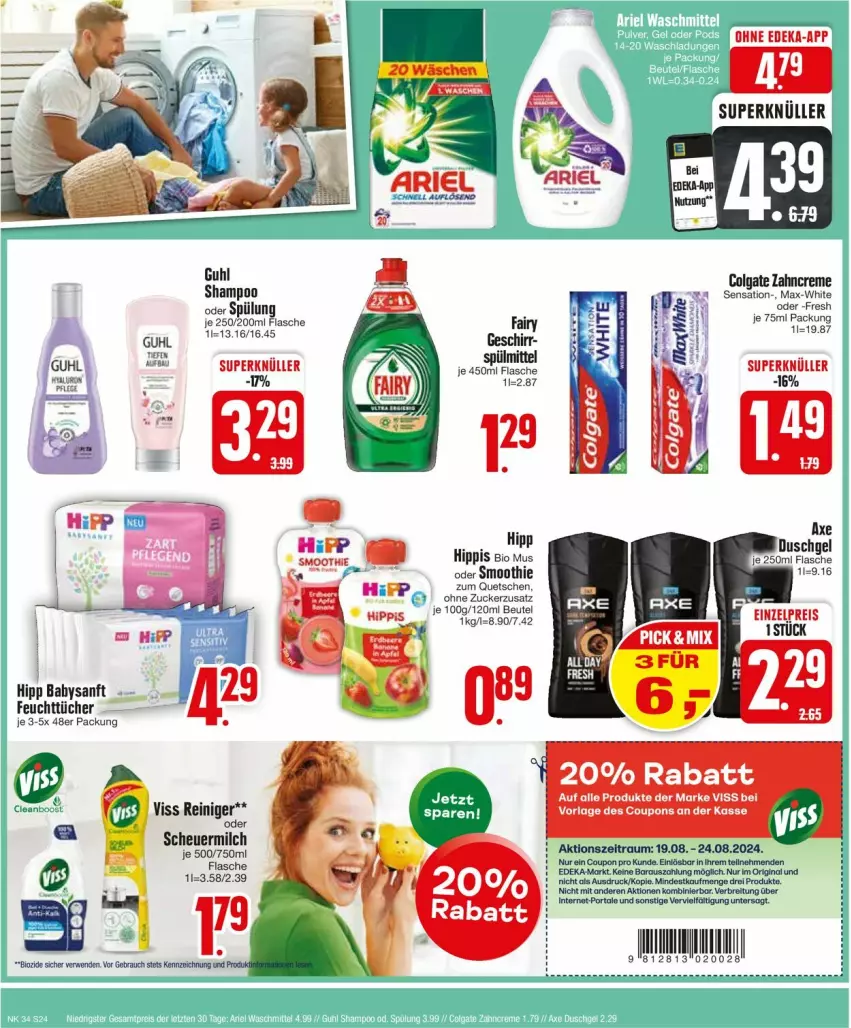 Aktueller Prospekt Edeka - Prospekte - von 19.08 bis 24.08.2024 - strona 24 - produkty: beutel, bio, Brei, colgate, coupon, creme, deka, fairy, feuchttücher, flasche, gin, Guhl, Heu, hipp, Hysan, LG, milch, Rauch, reiniger, rwe, scheuermilch, shampoo, smoothie, tee, Ti, tücher, zahncreme, zucker