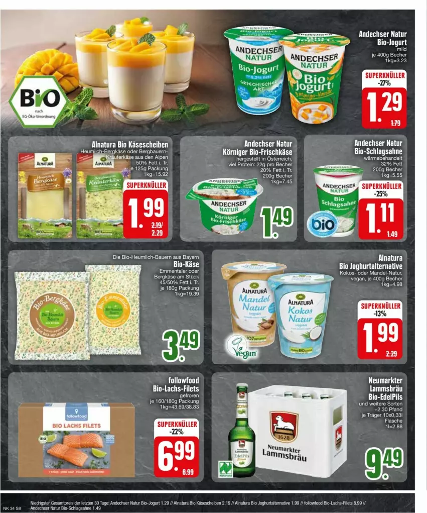 Aktueller Prospekt Edeka - Prospekte - von 19.08 bis 24.08.2024 - strona 8 - produkty: andechser natur, auer, Bau, Bauer, Becher, bio, Bio-Käse, eis, filet, filets, flasche, frischkäse, Heu, heumilch, joghur, joghurt, jogurt, Käse, käsescheiben, kokos, lachs, lamm, mandel, milch, natur, natura, pils, reis, sahne, schlagsahne, Ti, ZTE