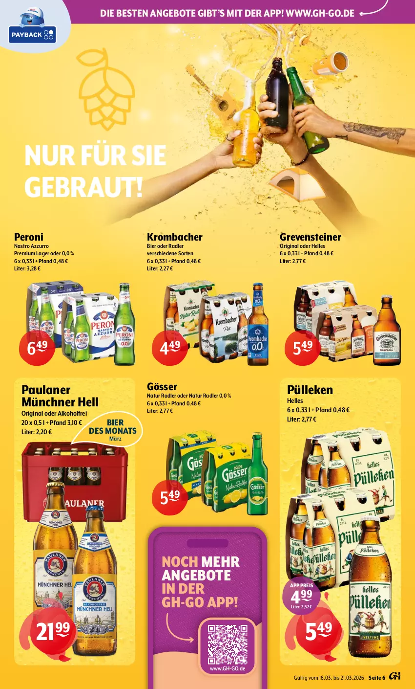 Aktueller Prospekt Getraenke Hoffmann - Prospekte - von 16.03 bis 21.03.2026 - strona 6 - produkty: alkohol, angebot, angebote, bier, eis, elle, gin, gösser, grevensteiner, krombache, krombacher, natur, natur radler, oder radler, Paula, paulaner, Peroni, radler, reis, steiner, Ti