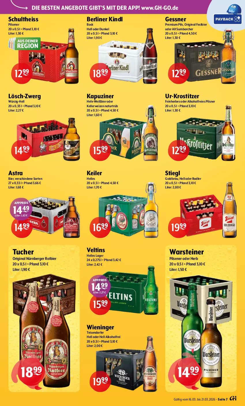 Aktueller Prospekt Getraenke Hoffmann - Prospekte - von 16.03 bis 21.03.2026 - strona 7 - produkty: alkohol, angebot, angebote, Astra, Berger, berliner, berliner kindl, bier, eis, elle, Gessner, gin, Hefe, natur, nürnberger, oder radler, pils, pilsener, pilsner, premium pils, radler, reis, rwe, Schultheiss, steiner, Stiegl, Ti, tuc, Tucher, veltins, warsteiner