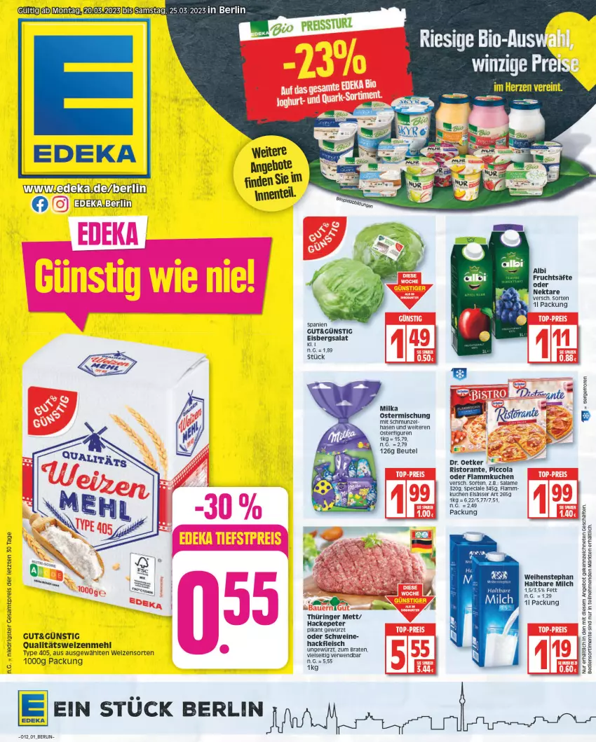 Aktueller Prospekt Edeka - Angebote der Woche - von 20.03 bis 25.03.2023 - strona 1 - produkty: ACC, beutel, bio, braten, cola, deka, Dr. Oetker, eis, eisbergsalat, elsässer art, ente, flammkuchen, fleisch, frucht, fruchtsäfte, gewürz, hackfleisch, haltbare milch, kuchen, lamm, mehl, Mett, milch, Nektar, rel, ring, ristorante, rwe, säfte, salat, schwein, schweine, Ti, type 405, weihenstephan, wein, weine, weizenmehl, ZTE