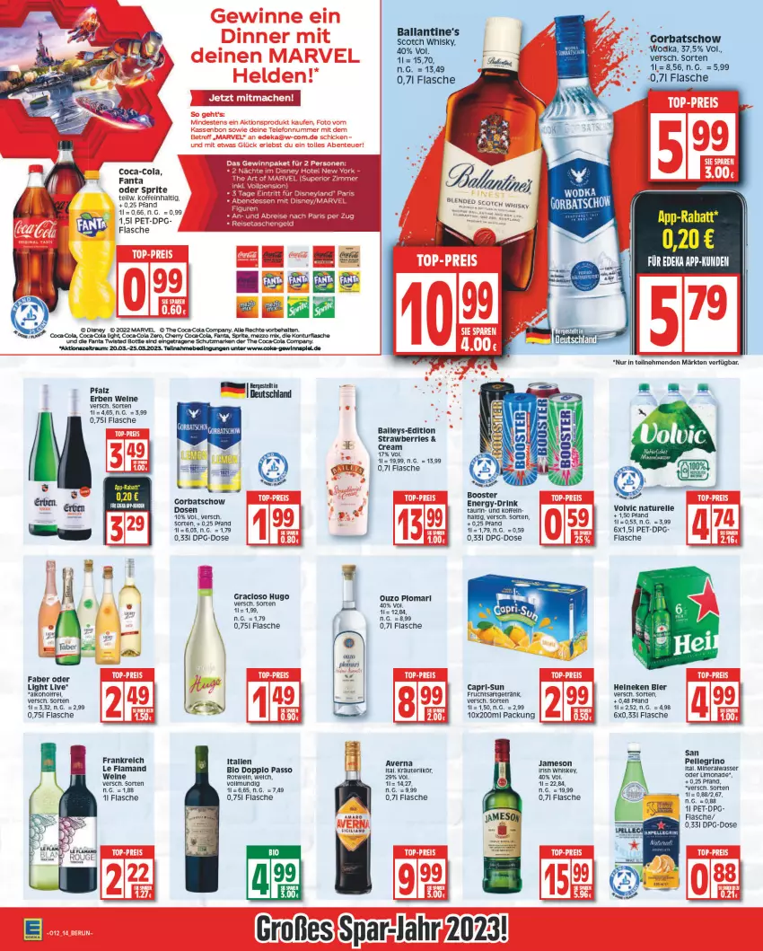 Aktueller Prospekt Edeka - Angebote der Woche - von 20.03 bis 25.03.2023 - strona 14 - produkty: alkohol, Alwa, amaro, averna, ball, Ballantine's, bier, bio, blended scotch, blended scotch whisky, Cap, capri-sun, coca-cola, cola, deka, disney, doppio passo, drink, elle, fanta, fanta oder, fanta oder sprite, flasche, frucht, fruchtsaft, fruchtsaftgetränk, getränk, Gorbatschow, gracioso, heineken, hugo, irish whiskey, jameson, kräuter, kräuterlikör, LG, likör, Mezzo Mix, mineralwasser, natur, oder sprite, ouzo, passo, rel, saft, scotch, scotch whisky, sprite, Ti, volvic, wasser, wein, weine, whiskey, whisky