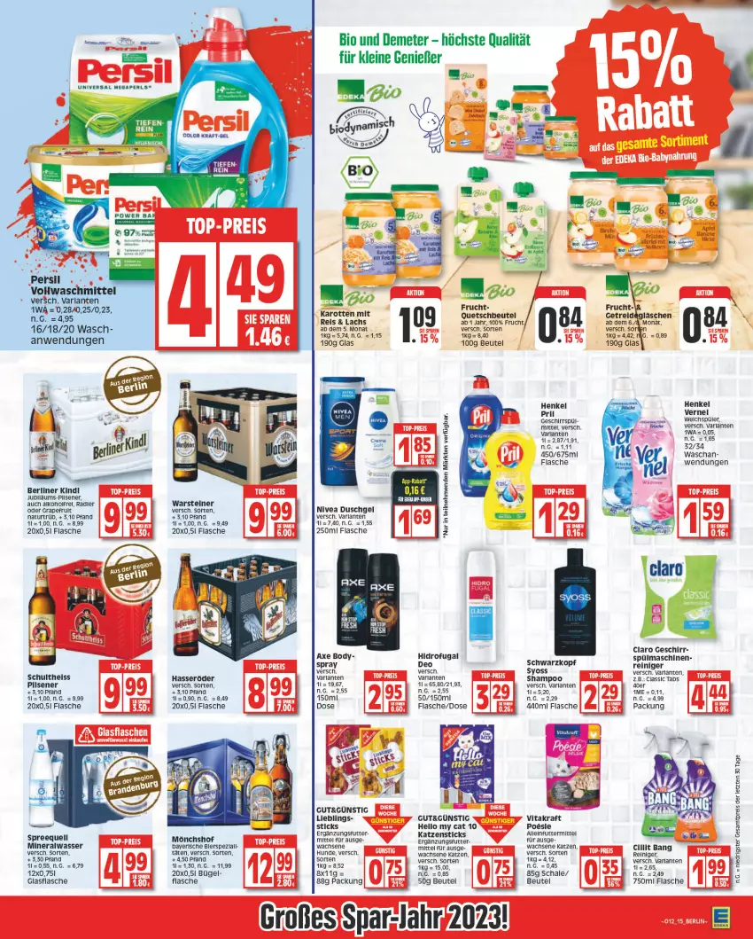 Aktueller Prospekt Edeka - Angebote der Woche - von 20.03 bis 25.03.2023 - strona 15 - produkty: acer, alkohol, alleinfuttermittel, Alwa, arla, axe, berliner, beutel, bio, body, bügel, Cillit, cillit bang, deo, duschgel, eis, flasche, frucht, geschirr, glasflasche, hasseröder, henkel, Jubiläums, kraft, lachs, leine, mineralwasser, mönchshof, natur, nivea, persil, pils, pilsener, pril, quetschbeutel, reiniger, reis, rel, Schal, Schale, schwarzkop, schwarzkopf, shampoo, Spezi, Spreequell, spülmaschinen, steiner, syoss, Ti, vernel, vita, vitakraft, warsteiner, waschmittel, wasser, weichspüler, Yo, ZTE