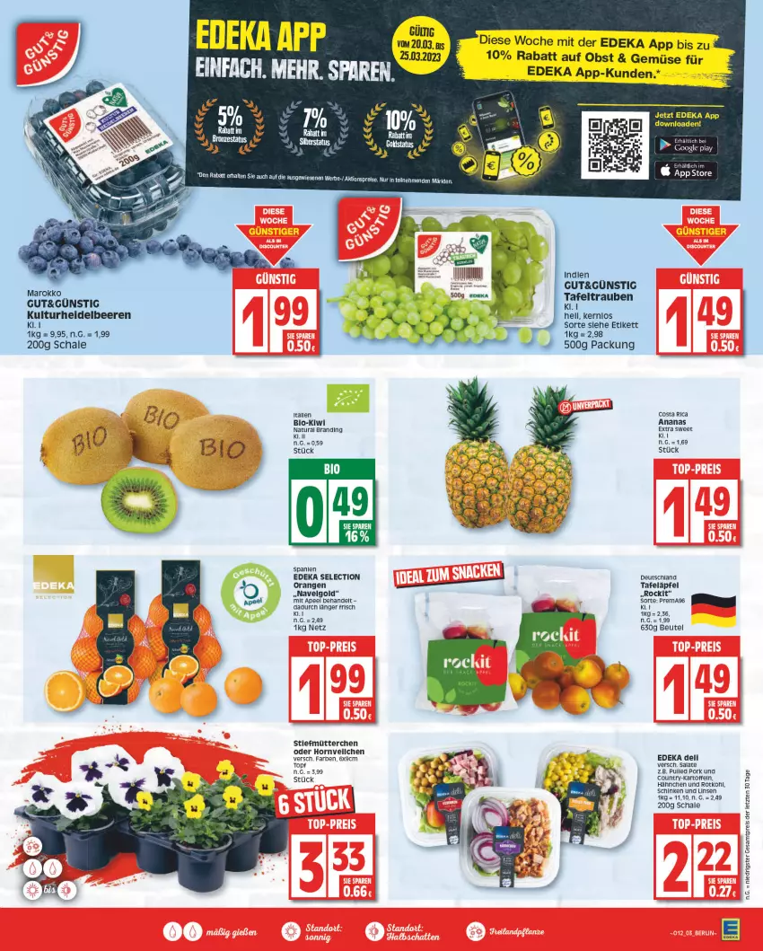 Aktueller Prospekt Edeka - Angebote der Woche - von 20.03 bis 25.03.2023 - strona 3 - produkty: ananas, beere, beeren, beutel, bio, deka, dell, eis, heidelbeere, heidelbeeren, kartoffel, kartoffeln, kiwi, LG, linsen, natur, natura, obst, orange, orangen, Pulled Pork, reis, rotkohl, salat, salate, Schal, Schale, schinken, tafeläpfel, Ti, topf, ZTE