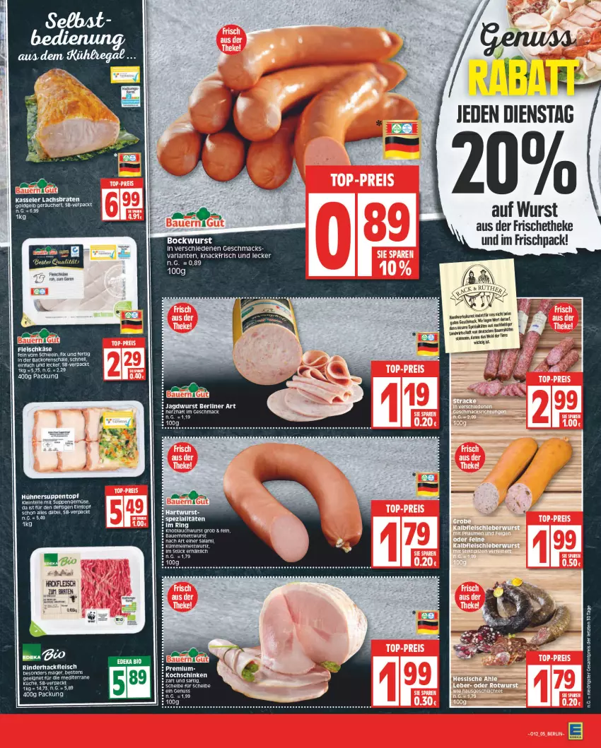 Aktueller Prospekt Edeka - Angebote der Woche - von 20.03 bis 25.03.2023 - strona 5 - produkty: arla, auer, backofen, Bau, Bauer, berliner, braten, eintopf, eis, fleisch, fleischkäse, hackfleisch, HP, jagdwurst, Käse, kasseler, knoblauch, kochschinken, küche, lachs, Lachsbraten, mac, Mett, mettwurst, nuss, Ofen, reis, rind, rinder, rinderhackfleisch, sac, saft, Schal, Schale, schinken, schwein, Spezi, suppe, suppen, Ti, Tiere, topf, wein, wurst, ZTE