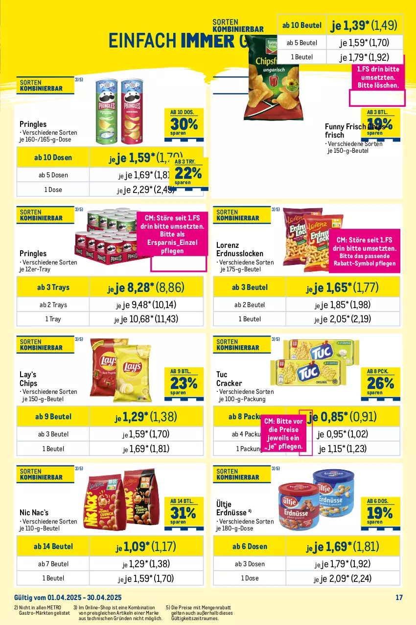 Aktueller Prospekt Metro - Monats-Mix - von 01.04 bis 30.04.2025 - strona 17 - produkty: Becher, beutel, chips, cracker, decke, Deckel, eis, erdnuss, erdnüsse, Funny Frisch, kaffee, lorenz, Metro, nuss, pringles, reis, ring, sahne, Ti, tuc, ültje, ültje erdnüsse, ZTE, zucker