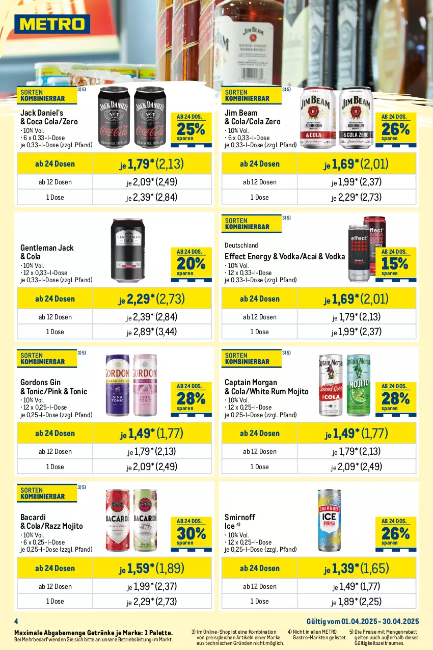 Aktueller Prospekt Metro - Monats-Mix - von 01.04 bis 30.04.2025 - strona 4 - produkty: alkohol, alkoholfreie getränke, angebot, angebote, auer, bacardi, beere, beeren, bier, Biere, brombeere, brombeeren, Cap, captain morgan, cola, decke, desperados, dornfelder, Effect, eis, erdinger, flasche, getränk, getränke, gin, gordon, gordons, gösser, honig, jack daniel, jim beam, kirsch, kirsche, kirschen, Metro, mojito, natur, Palette, pils, radler, reis, rotkäppchen, rum, sauerkirschen, sauvignon, smirnoff, Ti, tonic, tyskie, vodka, white rum