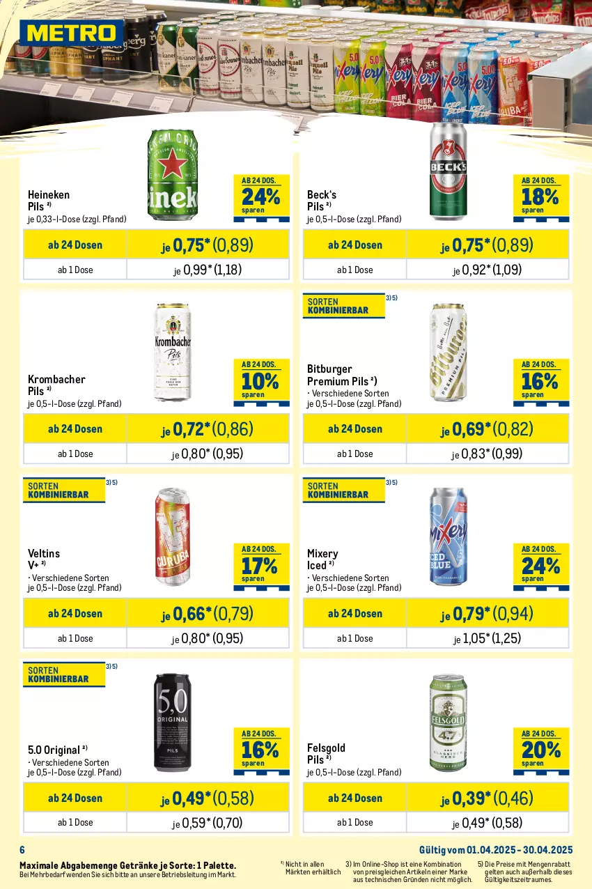 Aktueller Prospekt Metro - Monats-Mix - von 01.04 bis 30.04.2025 - strona 6 - produkty: bitburger, burger, eis, getränk, getränke, gin, heineken, krombache, krombacher, krombacher pils, Mixer, mixery, Palette, pils, premium pils, reis, Ti, veltins