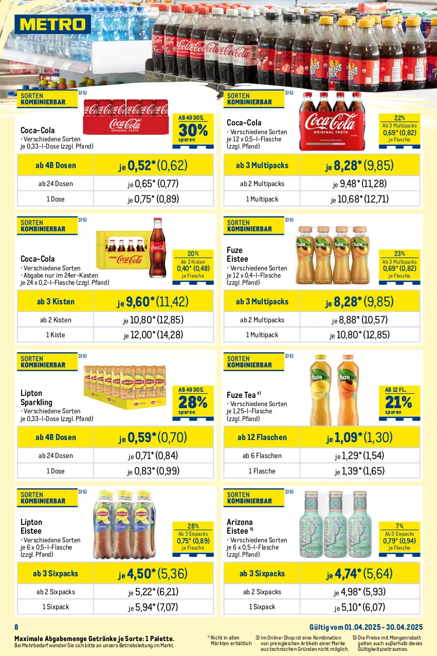 Aktueller Prospekt Metro - Monats-Mix - von 01.04 bis 30.04.2025 - strona 8 - produkty: adelholzener, beutel, Cap, capri-sun, coca-cola, cola, durstlöscher, eis, eistee, flasche, frucht, fruchtsaft, fruchtsaftgetränk, fuze tea, getränk, getränke, Holz, lipton, Palette, pfanne, Pfanner, reis, saft, tee, Ti, tiefpreis