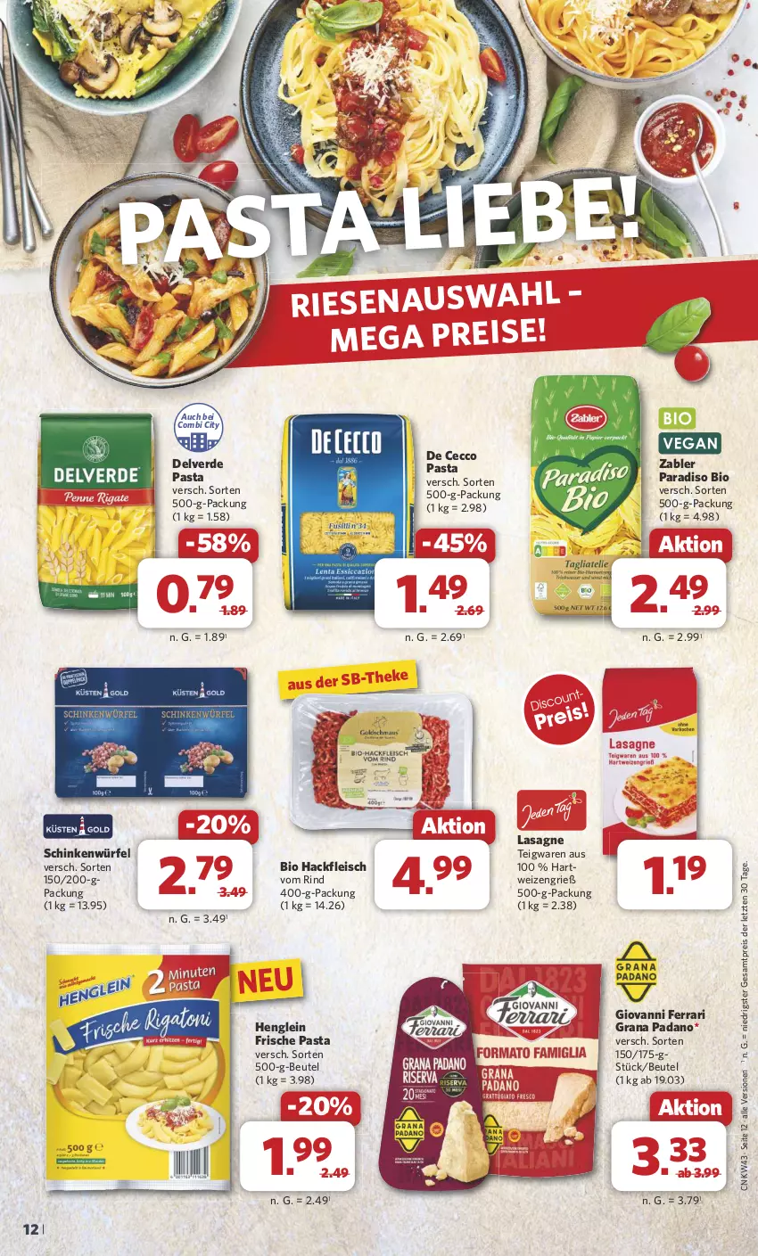 Aktueller Prospekt Combi - Prospekte - von 21.10 bis 26.10.2024 - strona 12 - produkty: beutel, bio, De Cecco, ecco, eis, erde, fleisch, Frische Pasta, grana, grana padano, hackfleisch, hartweizen, henglein, lasagne, padano, pasta, Rana, reis, rind, schinken, teigwaren, Ti, würfel, Zabler, ZTE