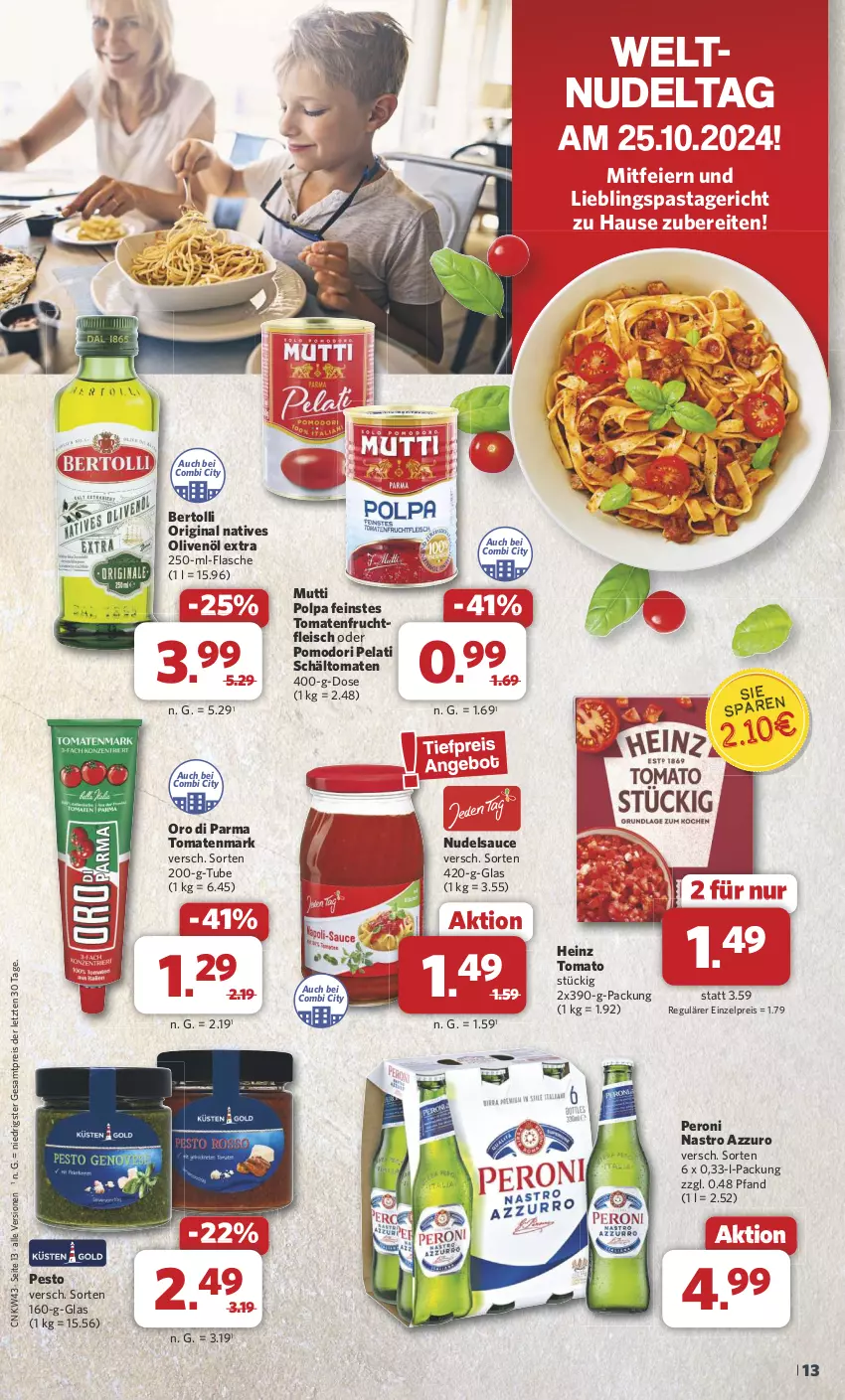 Aktueller Prospekt Combi - Prospekte - von 21.10 bis 26.10.2024 - strona 13 - produkty: bertolli, eier, eis, flasche, fleisch, frucht, fruchtfleisch, gin, heinz, Mutti, natives olivenöl, nudel, olive, oliven, olivenöl, olivenöl extra, oro di parma, pasta, Pastagericht, Peroni, pesto, reis, sauce, Ti, tomate, tomaten, tomatenmark, ZTE