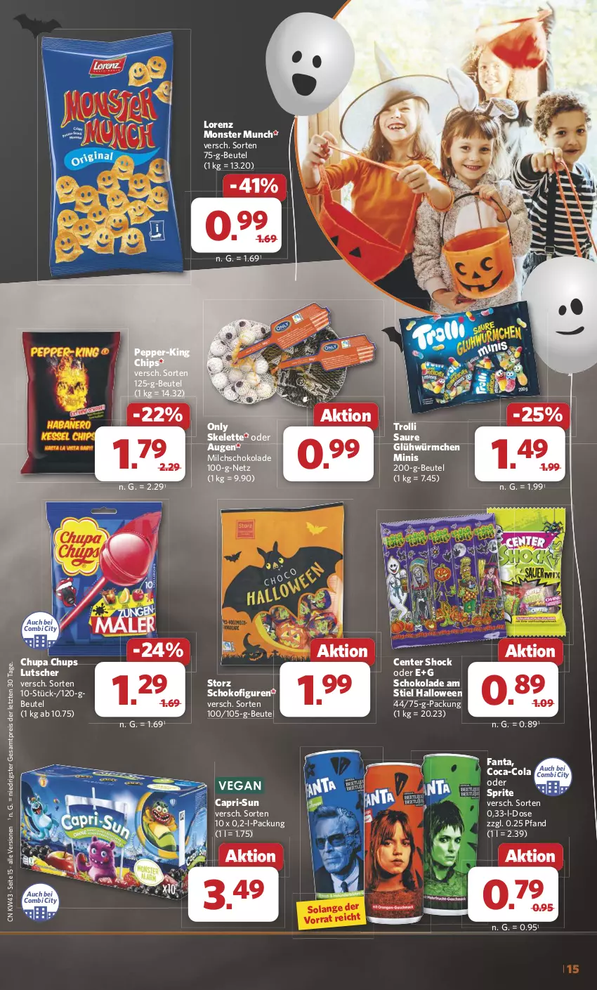 Aktueller Prospekt Combi - Prospekte - von 21.10 bis 26.10.2024 - strona 15 - produkty: beutel, Cap, capri-sun, chips, chupa, chupa chups, coca-cola, cola, eis, ente, fanta, lorenz, Lutscher, milch, monster, oder sprite, reis, schoko, schokolade, sprite, Ti, trolli, ZTE