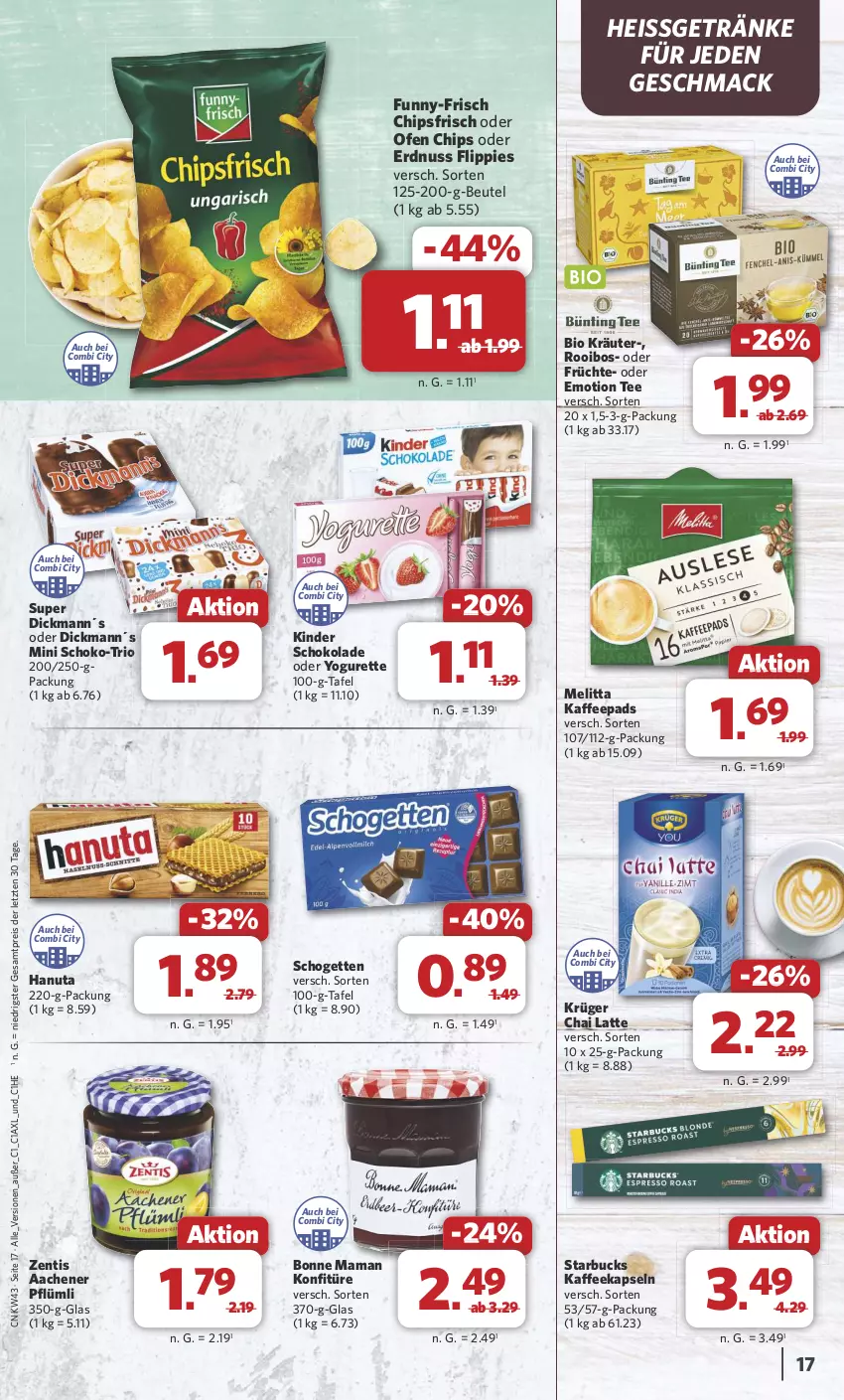 Aktueller Prospekt Combi - Prospekte - von 21.10 bis 26.10.2024 - strona 17 - produkty: beutel, bio, bonne maman, chips, chipsfrisch, eis, erdnuss, flippies, früchte, funny-frisch, getränk, getränke, hanuta, kaffee, kaffeekapseln, kaffeepads, Kinder, kinder schokolade, konfitüre, kräuter, krüger, latte, mac, mam, melitta, nuss, oder yogurette, Ofen, reis, schogetten, schoko, schokolade, starbucks, tee, Ti, Yo, yogurette, zentis, ZTE