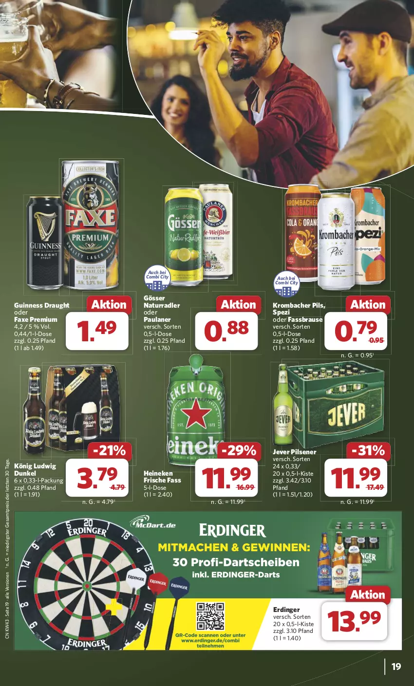 Aktueller Prospekt Combi - Prospekte - von 21.10 bis 26.10.2024 - strona 19 - produkty: axe, brause, eis, erdinger, fassbrause, gösser, Guinness, heineken, jever, jever pilsener, krombache, krombacher, krombacher pils, natur, Paula, paulaner, pils, pilsener, radler, reis, Spezi, Ti, ZTE