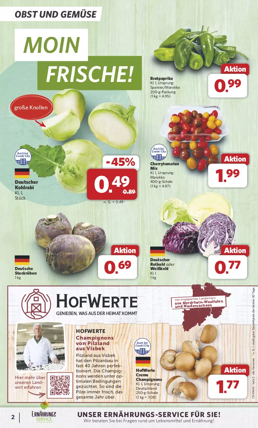 Aktueller Prospekt Combi - Prospekte - von 21.10 bis 26.10.2024 - strona 2 - produkty: Bau, champignon, champignons, cherrytomaten, creme, eis, erde, kohlrabi, lebensmittel, obst, Obst und Gemüse, paprika, pilze, reis, rotkohl, sac, Schal, Schale, Ti, tomate, tomaten, und gemüse, Weißkohl, ZTE