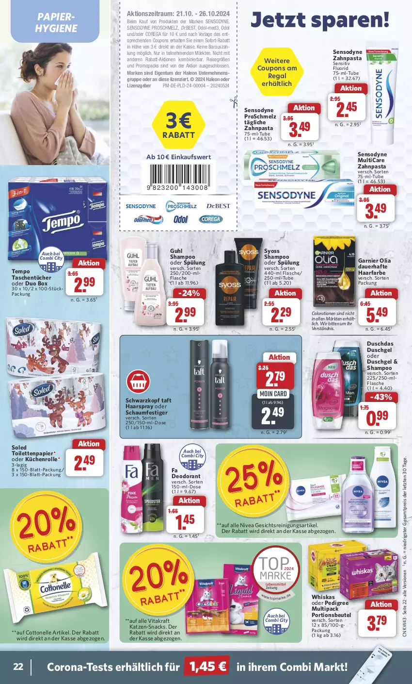 Aktueller Prospekt Combi - Prospekte - von 21.10 bis 26.10.2024 - strona 22 - produkty: auer, beutel, Colorationen, corona, cottonelle, coupon, coupons, deo, deodorant, duschdas, duschgel, eis, elle, flasche, garnier, Guhl, haarspray, kraft, küche, Küchen, küchenrolle, nivea, oder schaumfestiger, Odol, papier, pasta, pedigree, portionsbeutel, regal, Reinigung, reis, schaumfestiger, schwarzkop, schwarzkopf, sensodyne, shampoo, shampoo oder spülung, snack, snacks, sofort-rabatt, spülung, syoss, Taft, Tasche, taschen, taschentücher, Tempo, Ti, toilettenpapier, tücher, vita, vitakraft, whiskas, Yo, zahnpasta, ZTE