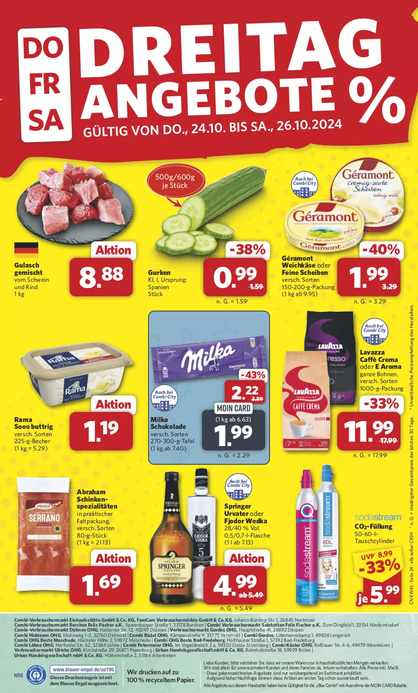 Aktueller Prospekt Combi - Prospekte - von 21.10 bis 26.10.2024 - strona 24 - produkty: aeg, angebot, angebote, auer, Bad, Becher, Berger, bohne, bohnen, caffè crema, drucker, eier, eis, elle, Engel, erde, felix, fisch, fische, Fischer, flasche, géramont, gulasch, gurke, gurken, Käse, kerze, lavazza, milka, milka schokolade, papier, rama, Rauch, reis, rind, ring, salz, schinken, schoko, schokolade, schwein, schwein und rind, Spezi, teller, Ti, tisch, urvater, vom schwein und rind, weichkäse, wein, wodka, ZTE