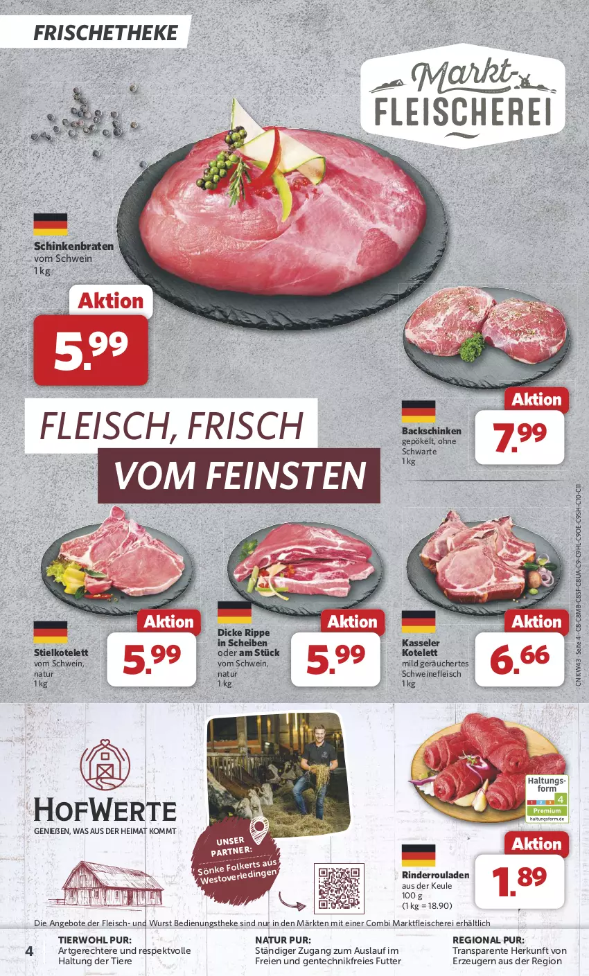 Aktueller Prospekt Combi - Prospekte - von 21.10 bis 26.10.2024 - strona 4 - produkty: angebot, angebote, braten, eis, ente, fleisch, Fleischerei, kasseler, kotelett, natur, rind, rinder, Rinderroulade, rinderrouladen, rouladen, Schere, schinken, schinkenbraten, schwein, schweine, schweinefleisch, Ti, Tiere, wein, weine, wurst