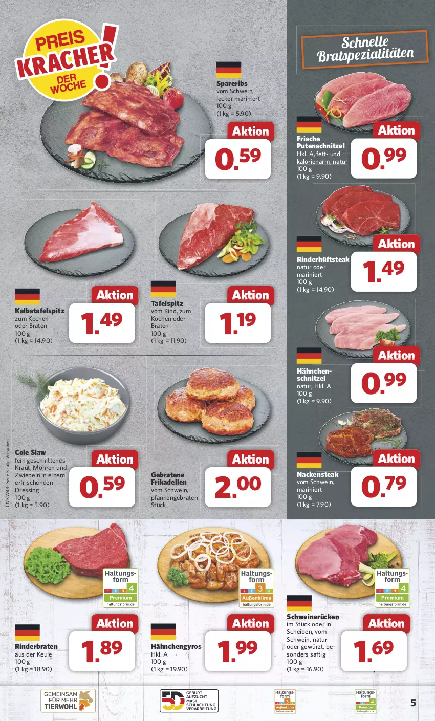 Aktueller Prospekt Combi - Prospekte - von 21.10 bis 26.10.2024 - strona 5 - produkty: braten, dell, dressing, elle, frikadellen, gewürz, gyros, Hähnchengyros, Hähnchenschnitzel, hüftsteak, Kraut, möhren, Nackensteak, natur, pfanne, pfannen, pute, putenschnitzel, rind, rinder, rinderbraten, saft, schnitten, schnitzel, schwein, schweine, schweinerücken, spareribs, Spezi, steak, tafelspitz, Ti, wein, weine, zwiebel, zwiebeln