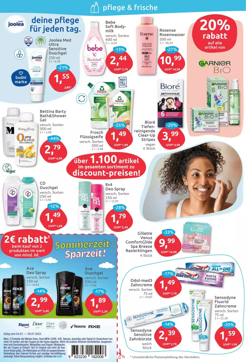 Aktueller Prospekt Budni - Prospekte - von 04.07 bis 09.07.2022 - strona 2 - produkty: asus, axe, Bebe, bett, bio, body, bree, Brei, bürste, coupon, creme, deo, deo spray, dove, duschdas, dusche, duschgel, eis, elle, flüssigseife, Frosch, gillette, gillette venus, gin, Odol, Rasierklinge, rasierklingen, reis, rexona, rosen, Rosenwasser, Seife, sensodyne, Signal, teller, Ti, venus, wasser, zahnbürste, zahncreme