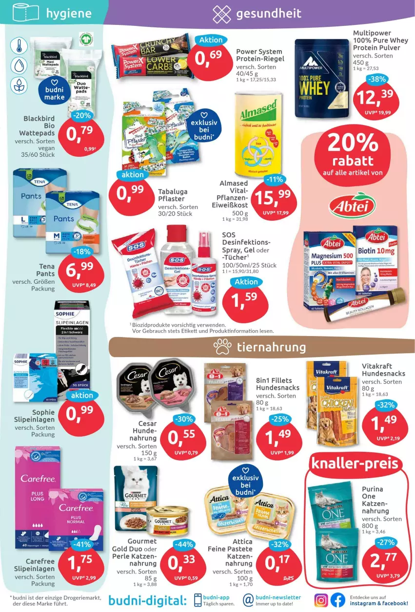 Aktueller Prospekt Budni - Prospekte - von 04.07 bis 09.07.2022 - strona 5 - produkty: Almased, bio, biozidprodukte, carefree, decke, Desinfektion, hundesnack, hundesnacks, kraft, lack, Pants, pastete, pflanze, pflanzen, pflaster, purina, Rauch, riegel, rind, rwe, slip, slipeinlagen, snack, snacks, Ti, vita, vitakraft, wattepads