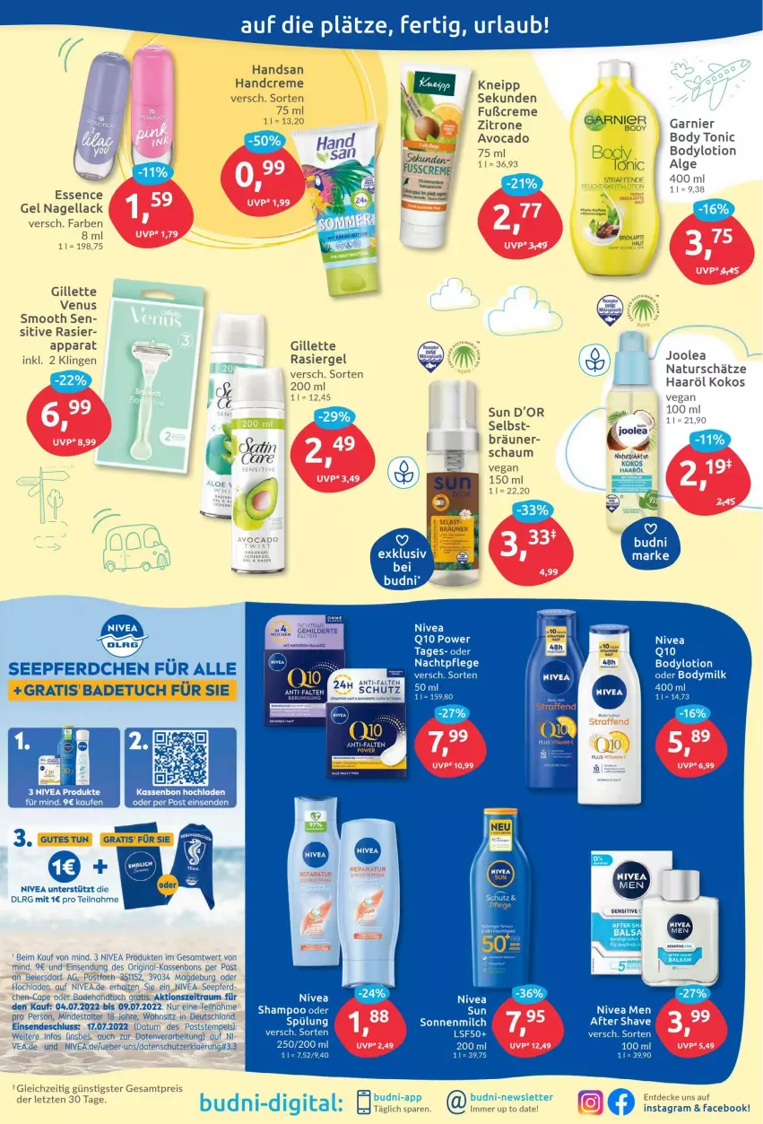 Aktueller Prospekt Budni - Prospekte - von 04.07 bis 09.07.2022 - strona 7 - produkty: avocado, Bad, body, bodylotion, creme, decke, eier, eis, garnier, gillette, gin, kneipp, kokos, lack, LG, Lotion, Nagellack, natur, nivea, rasiergel, reis, shampoo, Ti, tonic, venus, vita, Vitamin C, zitrone, ZTE