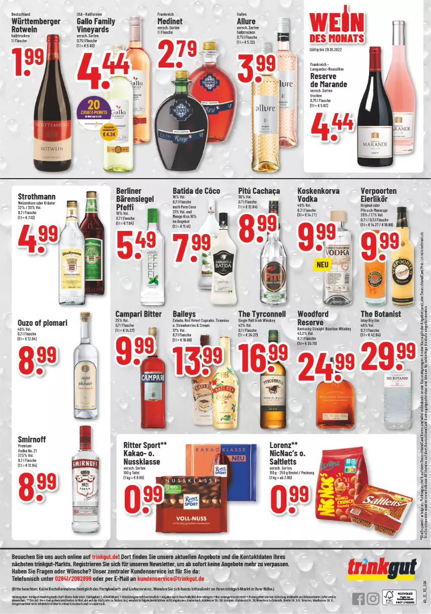 Aktueller Prospekt Trinkgut - von 03.10 bis 08.10.2022 - strona 4 - produkty: angebot, angebote, angebotspreis, baileys, batida, Berger, berliner, beutel, bourbon, bourbon whiskey, Brei, Cachaca, campari, cola, deka, deutschlandcard, dry gin, eier, eierlikör, eis, elle, erde, fisch, fische, flasche, gallo, gallo family, gin, irish whiskey, kakao, kentucky straight, korn, kräuter, LG, lieferservice, likör, lorenz, maracuja, medinet, nuss, oder kräuter, ouzo, pfirsich, reis, rel, ritter, ritter sport, rotwein, rwe, saltletts, single malt, smirnoff, Sport, telefon, Ti, tiramisu, tuc, uhr, velvet, verpoorten, vodka, wein, weizenkorn, whiskey, Yo