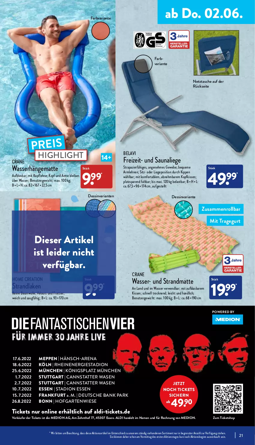 Aktueller Prospekt Aldi Nord - Aldi-Vorschau - von 30.05 bis 04.06.2022 - strona 21 - produkty: aldi, armlehnen, Bank, Bau, baumwolle, eis, Garten, gin, hängematte, kissen, kopfkissen, Liege, medion, reine baumwolle, reis, Ria, rwe, strandlaken, strandmatte, Tasche, Ti, wasser, Wasserhängematte, wolle, ZTE