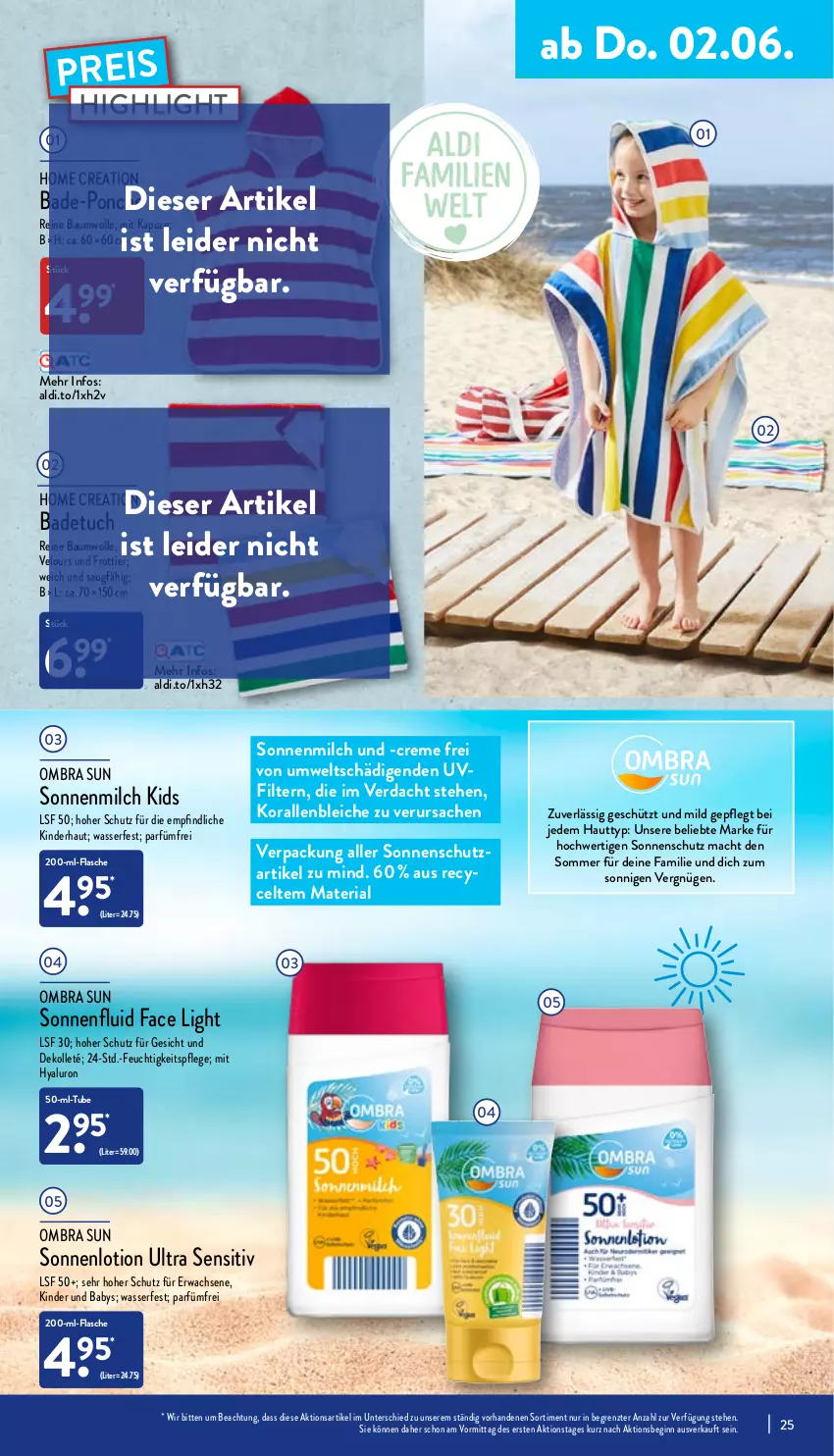 Aktueller Prospekt Aldi Nord - Aldi-Vorschau - von 30.05 bis 04.06.2022 - strona 25 - produkty: aldi, Bad, badetuch, Bau, baumwolle, creme, eis, feuchtigkeitspflege, flasche, gin, hyaluron, Kinder, Lotion, mac, milch, ombra, reine baumwolle, reis, Ria, sac, sonnenmilch, sonnenschutz, Ti, tuc, wasser, wolle, ZTE