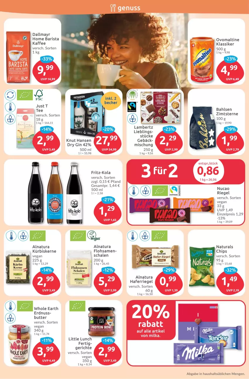 Aktueller Prospekt Budni - Prospekte - von 11.09 bis 16.09.2023 - strona 6 - produkty: Amber, bahlsen, Becher, butter, chips, dallmayr, dry gin, eis, erdnuss, fritz, fritz-kola, gin, hafer, kaffee, Kürbis, kürbiskerne, lambertz, natur, natura, nuss, ovomaltine, reis, riegel, rwe, Schal, Schale, tee, Ti