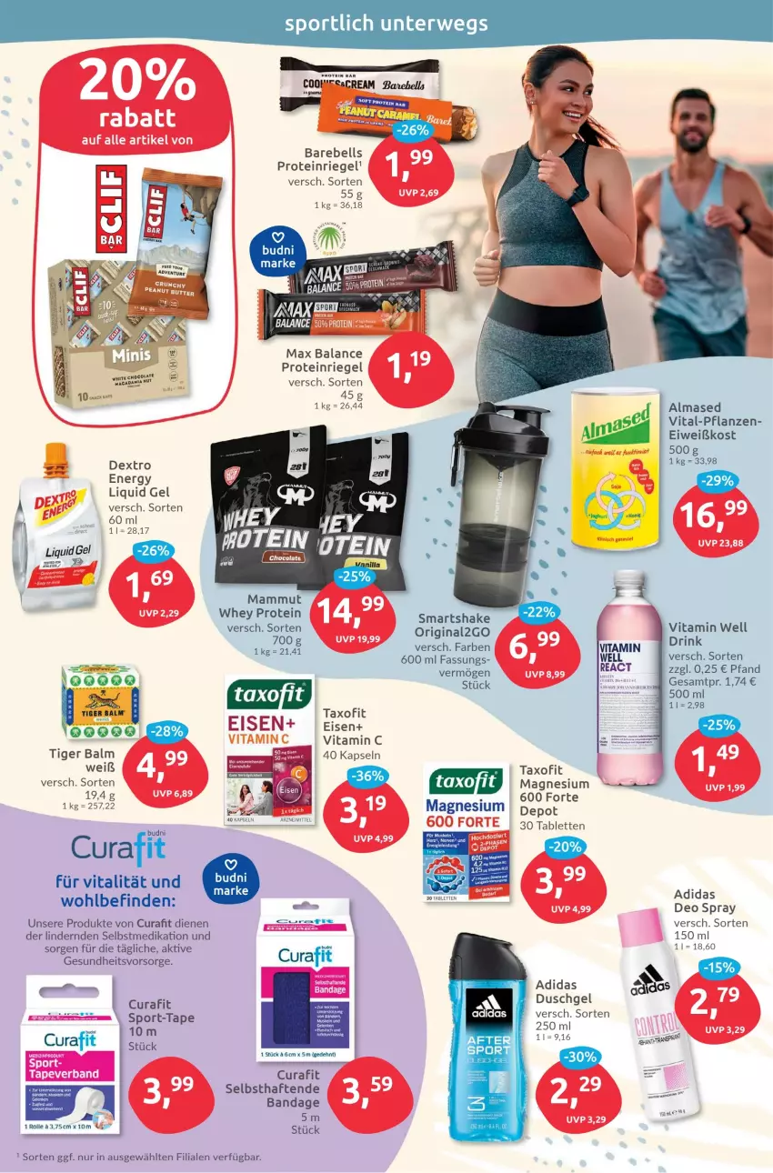 Aktueller Prospekt Budni - Prospekte - von 11.09 bis 16.09.2023 - strona 7 - produkty: Adidas, Almased, deo, deo spray, drink, duschgel, eis, Gesundheit, gin, mac, magnesium, pflanze, pflanzen, rebell, riegel, rwe, Sport, tablet, tablett, Tablette, Taxofit, Ti, vita, Vitamin C