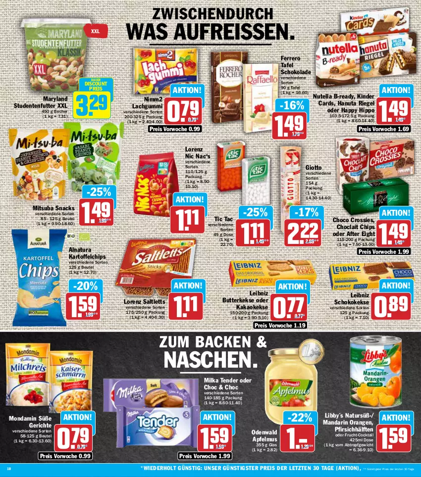 Aktueller Prospekt Aez - Prospekte - von 20.06 bis 25.06.2022 - strona 10 - produkty: after eight, apfel, apfelmus, auer, Becher, beutel, butter, butterkeks, chips, choclait chips, choco crossies, cocktail, crossies, discount, eis, ente, ferrero, frucht, giotto, hanuta, hipp, kakao, kartoffel, kartoffelchips, keks, kekse, Kinder, lachgummi, leibniz, lorenz, milka, mondamin, natur, natura, nimm2, nutella, odenwald, orange, orangen, pfirsich, reis, reiss, riegel, saltletts, schoko, schokolade, snack, snacks, studentenfutter, tender, Ti, ZTE