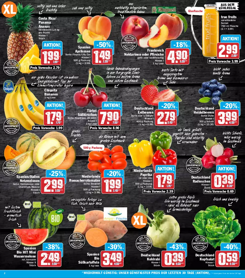 Aktueller Prospekt Aez - Prospekte - von 20.06 bis 25.06.2022 - strona 2 - produkty: ananas, aprikose, aprikosen, aus dem kühlregal, banane, bananen, Bau, beere, beeren, bio, bio hit, braten, cherrytomaten, chiquita, eis, elle, erdbeere, erdbeeren, fisch, flasche, fleisch, frucht, früchte, fruchtfleisch, glasflasche, grill, heidelbeere, heidelbeeren, ilag, kartoffel, kartoffeln, kirsch, kirsche, kirschen, kohlrabi, kopfsalat, kühlregal, leine, mac, melone, melonen, Nektar, nektarinen, nektarinen oder, oder pfirsiche, paprika, pfirsich, pfirsiche, radieschen, regal, reis, Ria, rwe, saft, salat, Schal, Schale, snack, Süßkartoffeln, Ti, tisch, tomate, tomaten, true fruits, vanille, wasser, wassermelone, Wild, ZTE