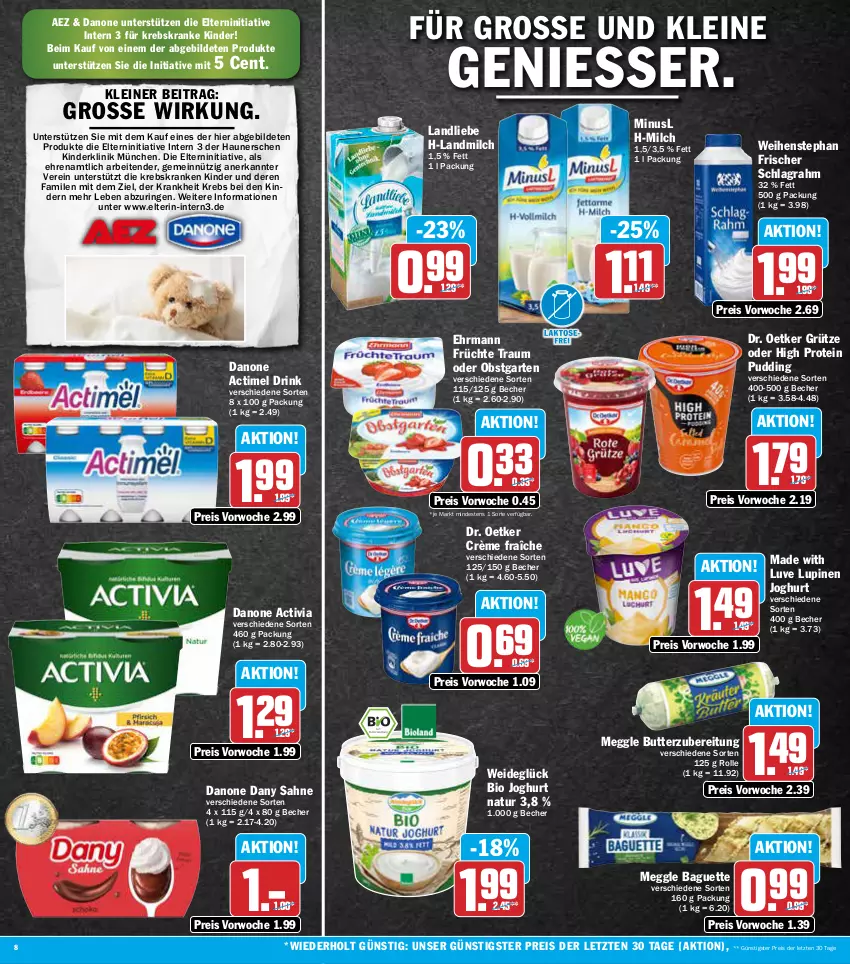 Aktueller Prospekt Aez - Prospekte - von 20.06 bis 25.06.2022 - strona 8 - produkty: actimel, actimel drink, activia, AEZ, baguette, Becher, bio, butter, crème fraîche, danone, danone actimel drink, danone activia, Dany, dany sahne, Dr. Oetker, drink, ehrmann, eis, früchte, Garten, grütze, joghur, joghurt, Kinder, Krebs, landliebe, landmilch, leine, meggle, milch, natur, obst, obstgarten, pudding, reis, ring, sahne, schlagrahm, tender, Ti, weihenstephan, ZTE