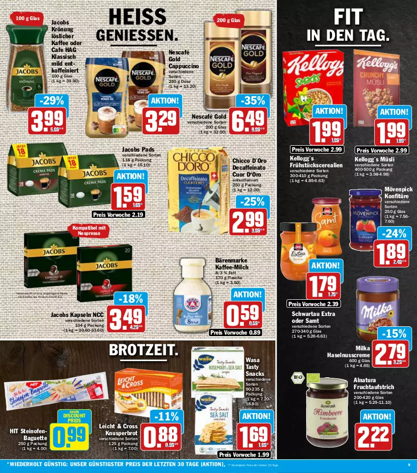 Aktueller Prospekt Aez - Prospekte - von 20.06 bis 25.06.2022 - strona 9 - produkty: auer, aufstrich, baguette, bärenmarke, brot, caffe, Cap, cappuccino, cerealien, cin, creme, discount, eis, espresso, flasche, frucht, fruchtaufstrich, haselnuss, Haselnusscreme, jacobs, jacobs krönung, kaffee, konfitüre, löslicher kaffee, milch, milka, mövenpick, müsli, natur, natura, Nescafé, nescafé gold, nespresso, nestlé, nuss, Ofen, reis, Schwartau, snack, snacks, steinofen, Ti, wasa, ZTE