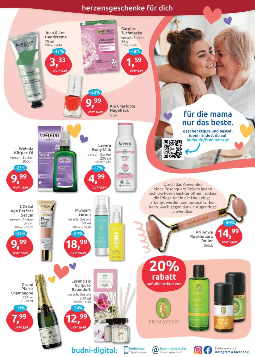 Aktueller Prospekt Budni - Prospekte - von 02.05 bis 07.05.2022 - strona 7 - produkty: arlo, body, body milk, champagne, creme, decke, erde, garnier, handcreme, Ipuro, l'oreal, lack, lavera, M.ASAM, mam, Maske, Nagellack, Raumduft, rel, Ria, ring, Roller, rosen, rum, Serum, Soda, Ti, tuc, tuchmaske, weleda, Wild