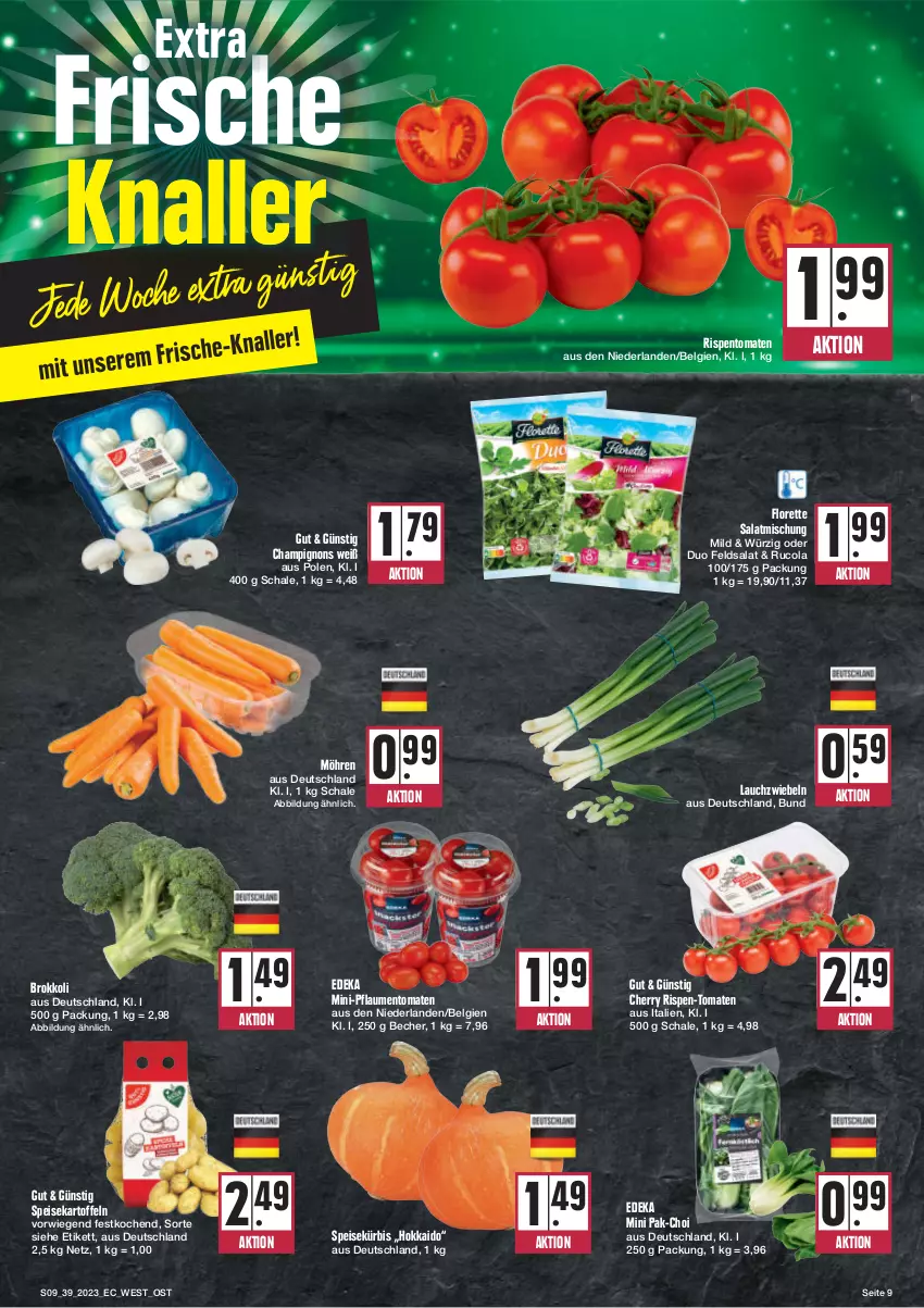 Aktueller Prospekt Edeka - Angebote der Woche - von 25.09 bis 30.09.2023 - strona 9 - produkty: Becher, brokkoli, champignon, champignons, cola, deka, eis, feldsalat, florette, kartoffel, kartoffeln, Kürbis, Lauchzwiebel, lauchzwiebeln, LG, möhren, pflaume, pflaumen, rispentomaten, rucola, salat, Schal, Schale, speisekartoffeln, Ti, tomate, tomaten, zwiebel, zwiebeln