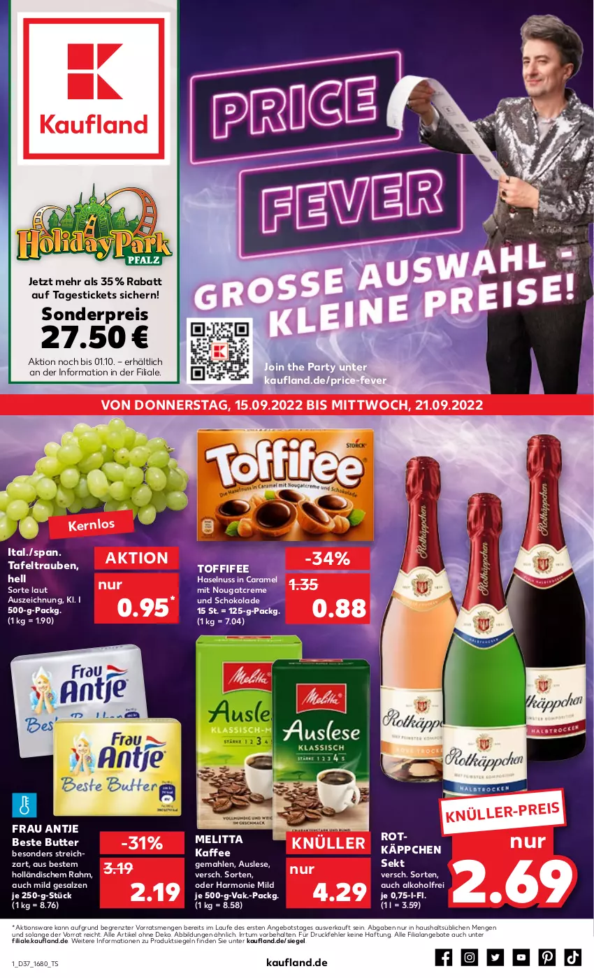 Aktueller Prospekt Kaufland - von 15.09 bis 21.09.2022 - strona 1 - produkty: alkohol, angebot, angebote, beste butter, butter, caramel, creme, eis, frau antje, haselnuss, kaffee, melitta, Nougatcreme, nuss, reis, rotkäppchen, salz, schoko, schokolade, sekt, Streichzart, tafeltrauben, Ti, toffifee, trauben, ZTE