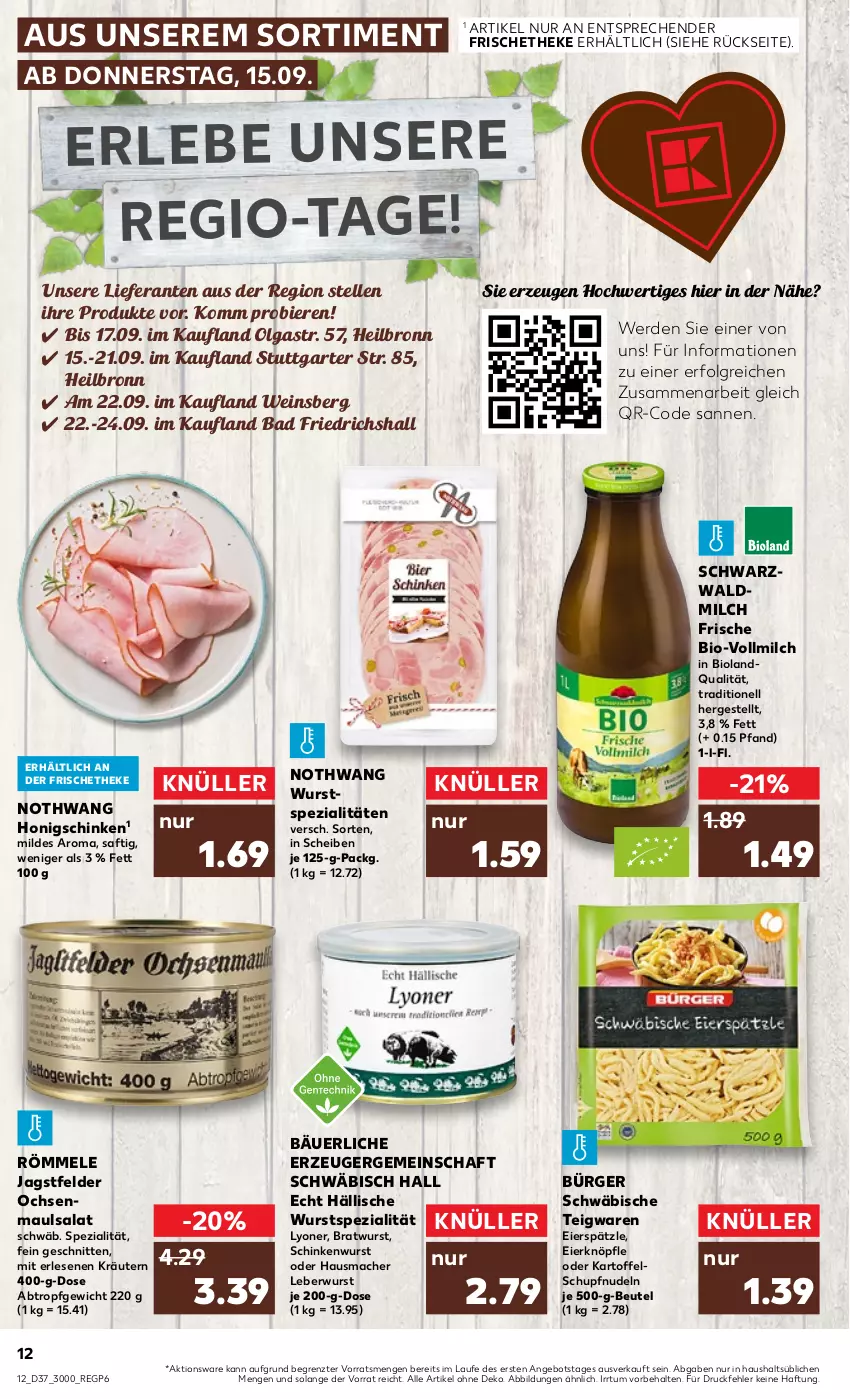 Aktueller Prospekt Kaufland - von 15.09 bis 21.09.2022 - strona 12 - produkty: angebot, Bad, beutel, bier, Biere, bio, bioland, bratwurst, eier, eierspätzle, elle, erde, Hausmacher, honig, kartoffel, kräuter, kräutern, leberwurst, LG, lyoner, mac, milch, nudel, nudeln, saft, salat, schinken, schinkenwurst, schnitten, Spezi, teigwaren, Ti, vollmilch, wein, wurst, Yo, ZTE