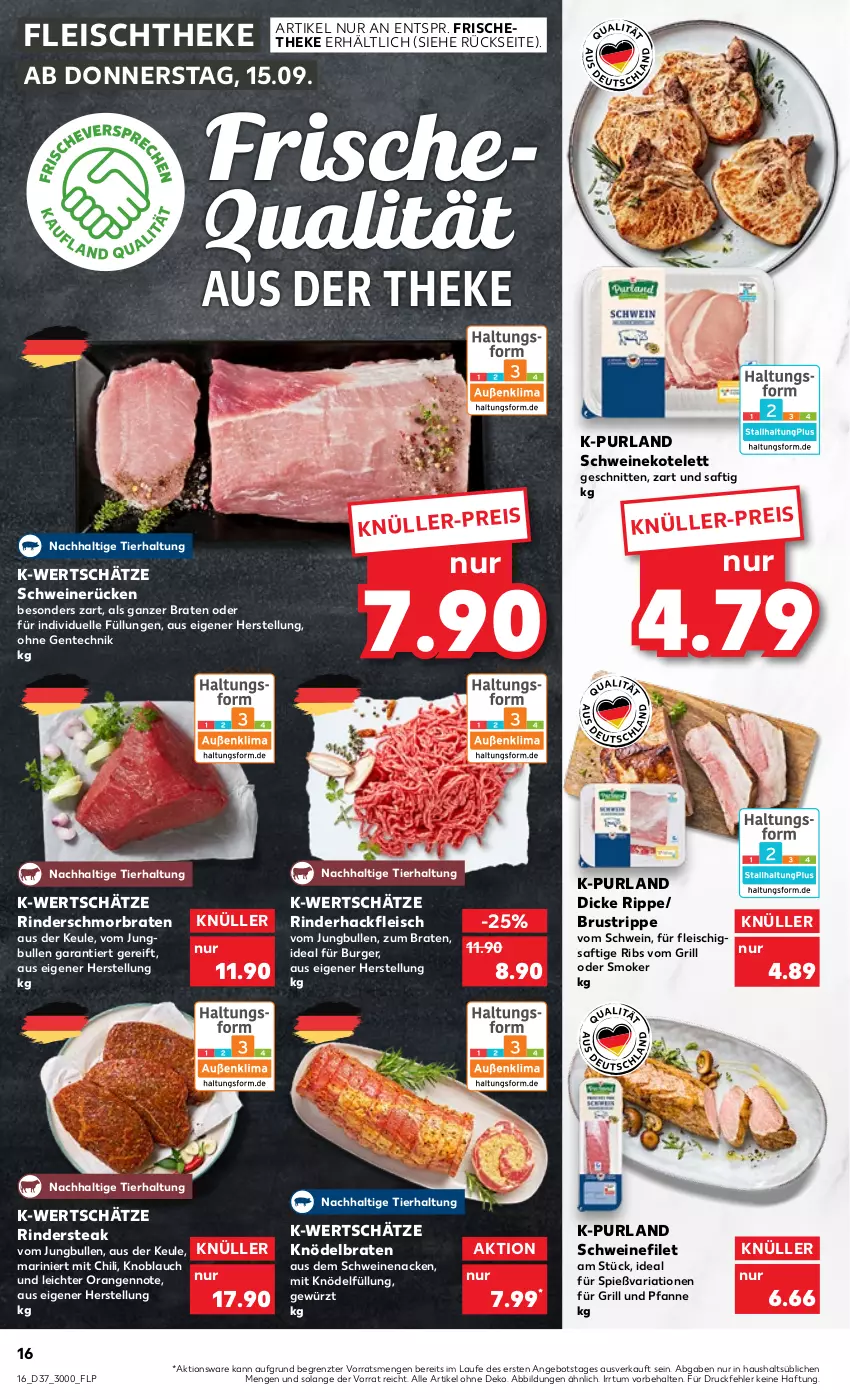 Aktueller Prospekt Kaufland - von 15.09 bis 21.09.2022 - strona 16 - produkty: angebot, braten, burger, chili, eis, elle, ente, filet, fleisch, für grill und pfanne, gewürz, grill, grill und pfanne, hackfleisch, jungbullen, knoblauch, Knödel, kotelett, orange, orangen, pfanne, purland, Ria, rind, rinder, rinderhackfleisch, Rindersteak, saft, schmorbraten, schnitten, schwein, schweine, schweinefilet, schweinekotelett, schweinenacken, schweinerücken, steak, Ti, und pfanne, wein, weine, ZTE