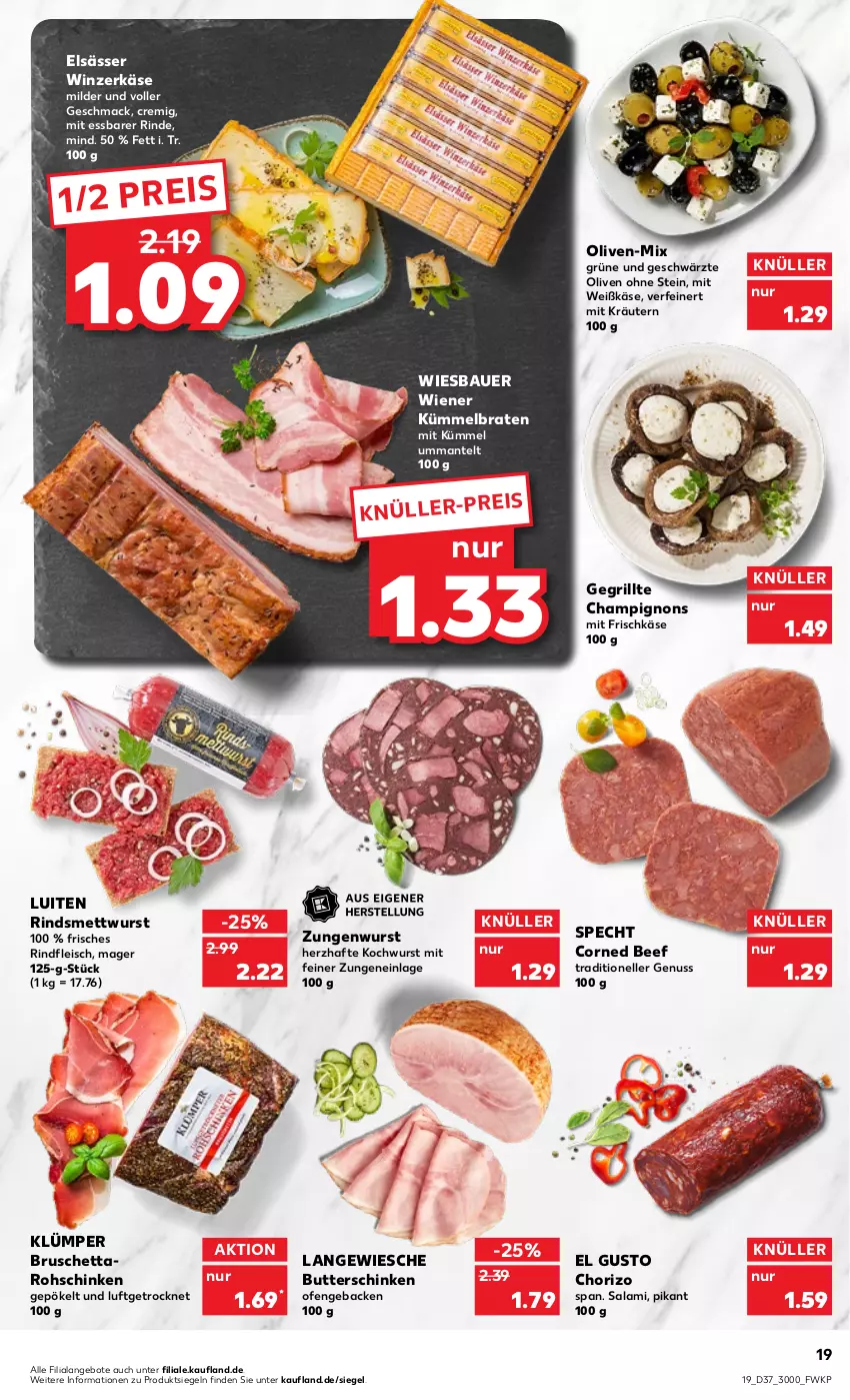 Aktueller Prospekt Kaufland - von 15.09 bis 21.09.2022 - strona 19 - produkty: angebot, angebote, auer, Bau, Bauer, beef, braten, butter, champignon, champignons, chorizo, corned beef, eis, elle, fleisch, frischkäse, geback, grill, Käse, kräuter, kräutern, mac, Mantel, Mett, mettwurst, nuss, Ofen, olive, oliven, reis, rind, rindfleisch, rohschinken, salami, schinken, specht, Ti, wiener, wiesbauer, wurst, ZTE