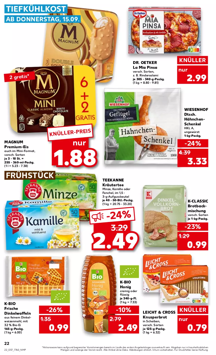 Aktueller Prospekt Kaufland - von 15.09 bis 21.09.2022 - strona 22 - produkty: angebot, backmischung, beutel, bio, brot, Dr. Oetker, eis, fenchel, gewürz, hähnchenschenkel, henkel, honig, Kamill, kamille, kräuter, magnum, mehl, minze, rind, rinder, Rindersalami, salami, schenkel, tee, teekanne, Ti, tiefkühlkost, waffeln, weizenmehl, wiesenhof, ZTE