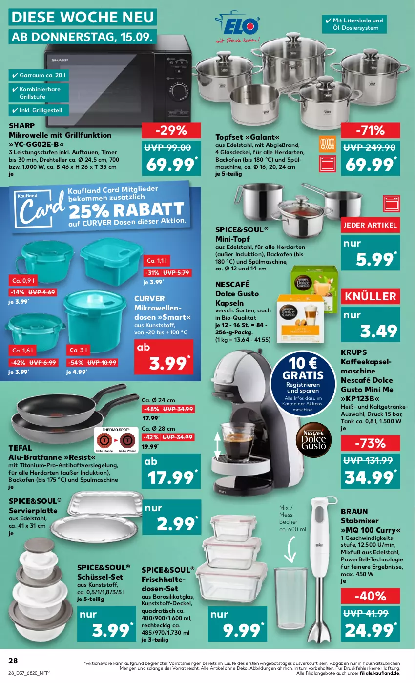 Aktueller Prospekt Kaufland - von 15.09 bis 21.09.2022 - strona 28 - produkty: angebot, angebote, backofen, Becher, beko, bio, braun, curry, decke, Deckel, dolce gusto, edelstahl, eis, elle, frischhaltedosen, garraum, getränk, getränke, Glasdeckel, grill, herdarten, kaffee, Kapselmaschine, krups, latte, LG, Messbecher, mikrowelle, Mixer, Nescafé, Ofen, quad, schüssel, Sharp, stabmixer, tefal, teller, Ti, timer, tisch, topf, Topfset, ZTE