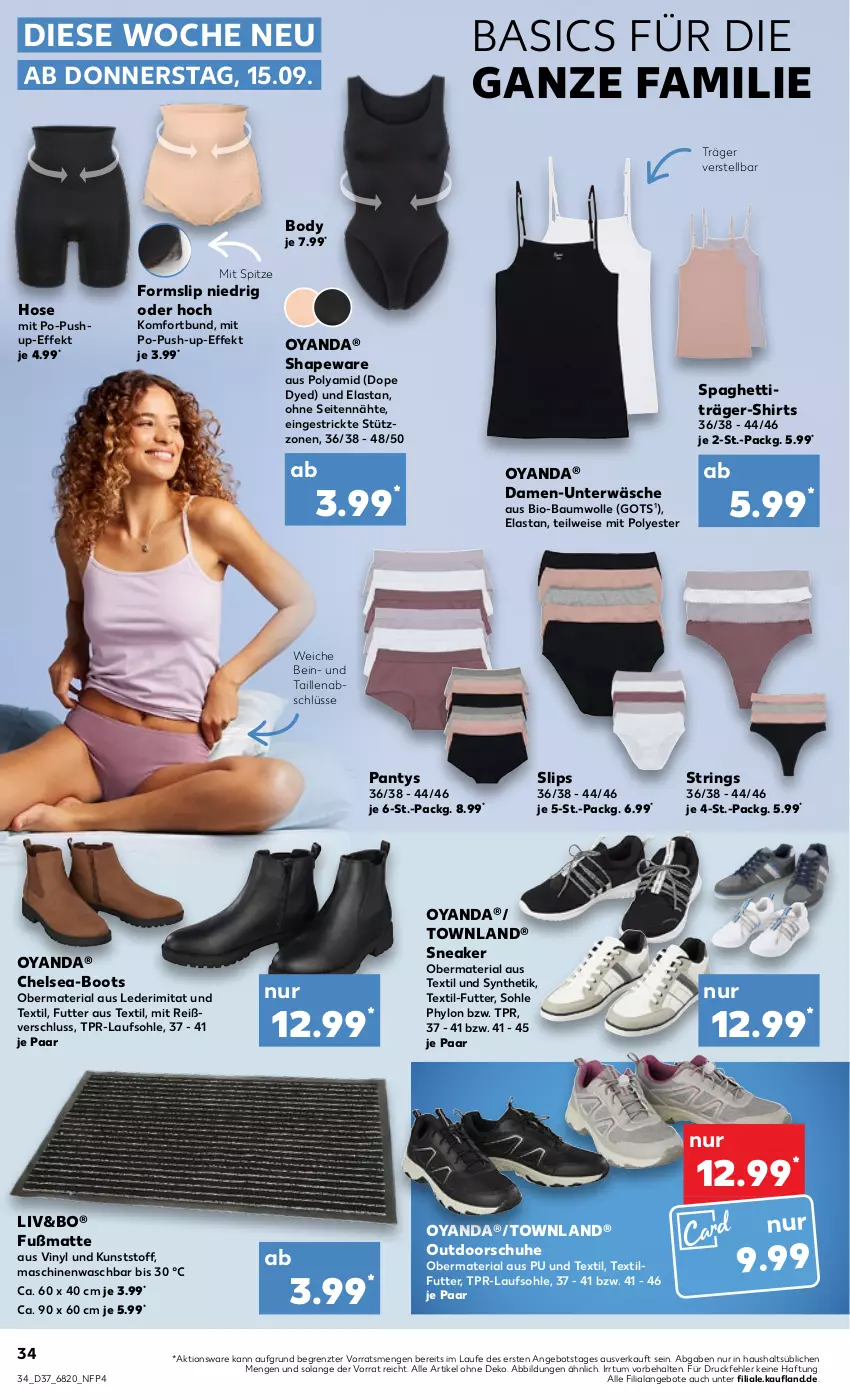 Aktueller Prospekt Kaufland - von 15.09 bis 21.09.2022 - strona 34 - produkty: angebot, angebote, Bau, baumwolle, bio, bio-baumwolle, body, eis, Fußmatte, hose, Hylo, panty, Push-up, Ria, ring, schuhe, shirt, shirts, slip, slips, sneaker, spaghetti, String, Ti, Träger-Shirt, Unterwäsche, wolle, ZTE